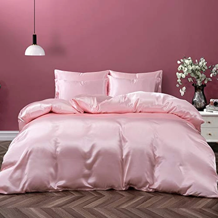 P Pothuiny 5 Pieces Satin Duvet Cover Full/Queen Size Set, Luxury Silky Like Blush Pink Duvet Cover Bedding Set with Zipper Closure, 1 Duvet Cover + 4 Pillow Cases (No Comforter) by P Pothuiny - Image 1