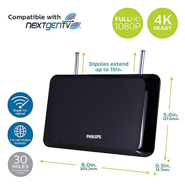 Philips Indoor TV Antenna, Perfect Home Decor, Digital, HDTV Antenna, Smart TV Compatible, 4K 1080P VHF UHF, 6Ft Coaxial Cable, Dipoles, Black, SDV1227B/27 by Philips - Image 2