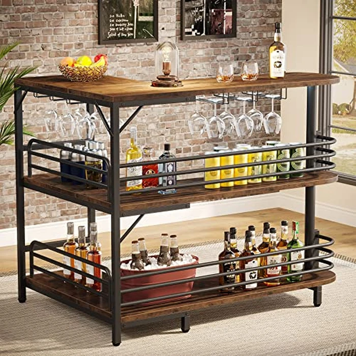 Tribesigns L-Shaped Home Bar Unit, 3 Tier Liquor Table With Storage Shelves and Wine Glasses Holder, Industrial Corner Wine Cabinet Mini Bar for Home Kitchen Pub, Rustic Brown by Tribesigns - Used - Like New condition - US$115.07