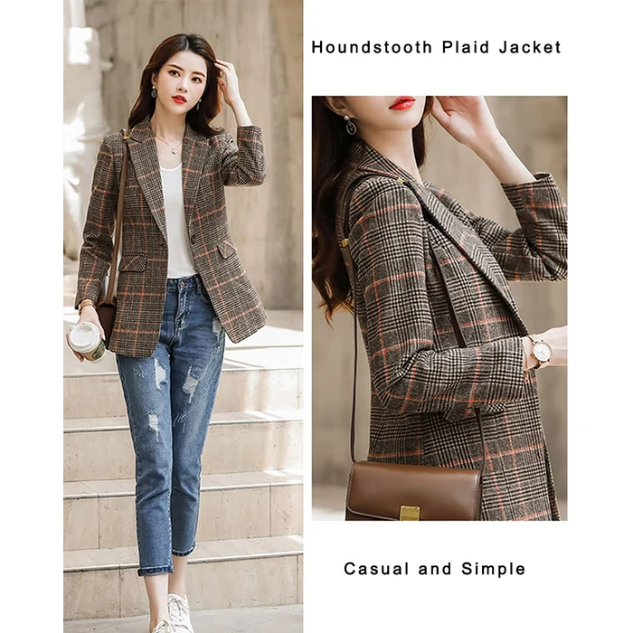 ebossy Women's Notch Lapel 2 Button Boyfriend Blazer Suit Houndstooth Plaid Jacket Coat (X-Large, Z-Khaki) by ebossy - Image 10