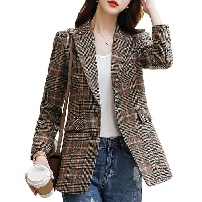 ebossy Women's Notch Lapel 2 Button Boyfriend Blazer Suit Houndstooth Plaid Jacket Coat (X-Large, Z-Khaki) by ebossy - Image 1