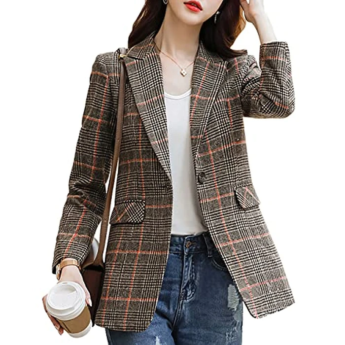 ebossy Women's Notch Lapel 2 Button Boyfriend Blazer Suit Houndstooth Plaid Jacket Coat (X-Large, Z-Khaki) by ebossy - Image 2