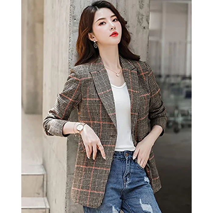 ebossy Women's Notch Lapel 2 Button Boyfriend Blazer Suit Houndstooth Plaid Jacket Coat (X-Large, Z-Khaki) by ebossy - Image 8