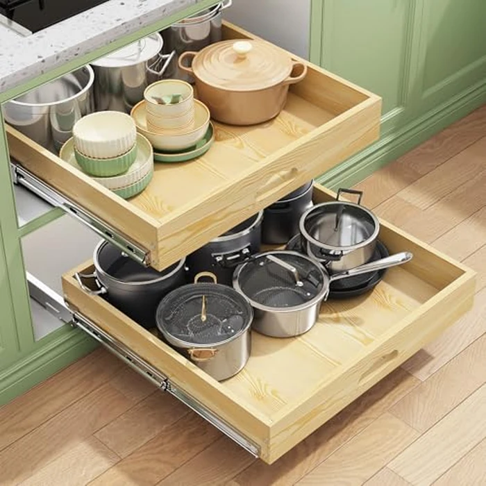 Pull Out Cabinet Organizer, Soft Close Wooden Slide Out Drawers for Pots and Pans, Full-extension Roll Out Shelves for Kitchen Cabinets, Pantry Organization, Bottom & Side Mount(21"W X 21"D x 3.4''H) by Kitstorack - Used - Like New condition - US$66.49