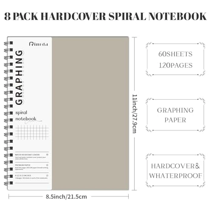 Rinrda Graph Paper Notebook Spiral Notebook 8.5" x 11"-8 Pack Grid Paper Notebook Engineering notebook 120 Pages 100 GSM Thick Graphing Paper Notebook Hardcover Journal for School (GRAPH, Mult-color) by Rinrda - Image 2