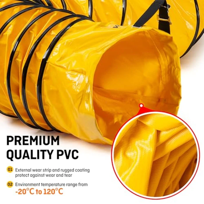 iLiving 12" Portable Duct Hose - Steel-Reinforced, Expandable 15.5 ft for Ventilation Fans, Heat-Resistant PVC w/Cinch Strap & D-Rings (Orange) by iLIVING - Image 3