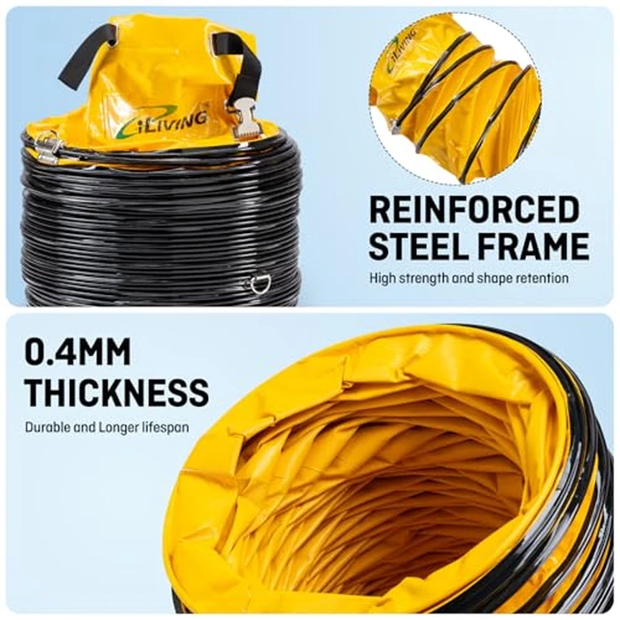 iLiving 12" Portable Duct Hose - Steel-Reinforced, Expandable 15.5 ft for Ventilation Fans, Heat-Resistant PVC w/Cinch Strap & D-Rings (Orange) by iLIVING - Image 5