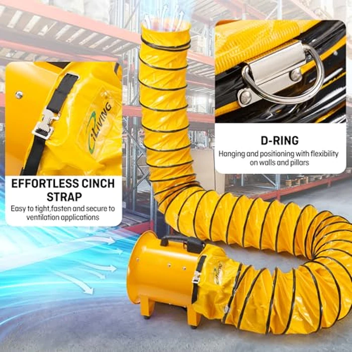 iLiving 12" Portable Duct Hose - Steel-Reinforced, Expandable 15.5 ft for Ventilation Fans, Heat-Resistant PVC w/Cinch Strap & D-Rings (Orange) by iLIVING - Image 6