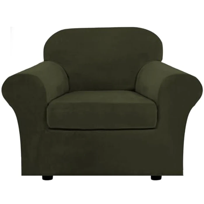 H.VERSAILTEX 2 Pieces Thick Velvet Chair Covers High Stretch Sofa Covers Furniture Protector Housse Divan Couch Cover for Pets Dogs Width Up to 49 Inch (Chair, Olive) by H.VERSAILTEX - Used - Very Good condition