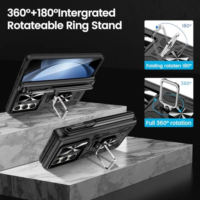 VEGO for Galaxy Z Fold 5 Case, with [S Pen Holder][Hinge Protection][360-degree Rotating Kickstand][Slide Camera Cover][Front HD Screen Protector] Protective Cover for Samsung Z Fold 5 - Black by VEGO - Image 7