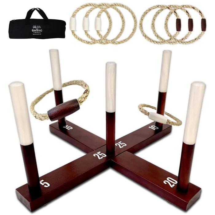 Swooc Games - Premium Rustic Ring Toss Game (All Weather) - Easy Setup & Extra Games Included - Outdoor Ring Toss Game for Adults and Kids - Yard Activity For Adults - Oversized Lawn Activity Rope Set by SWOOC - Used - Like New condition