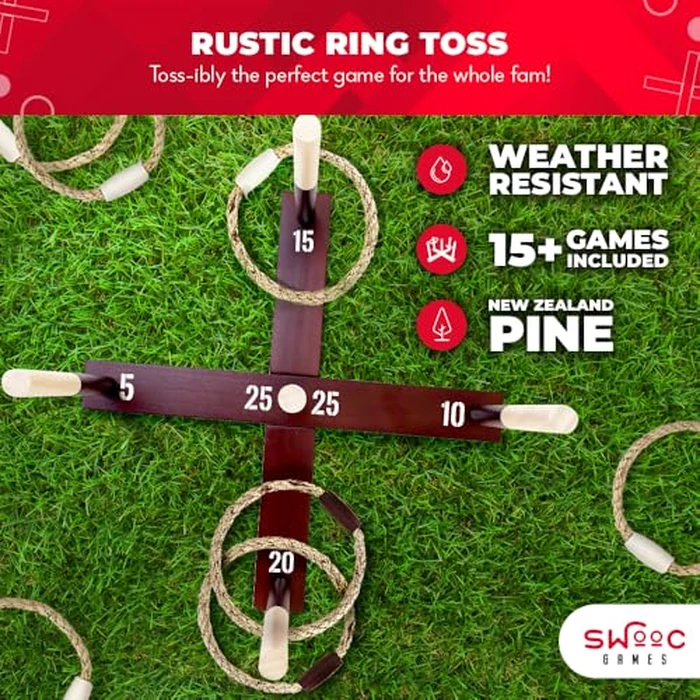 Swooc Games - Premium Rustic Ring Toss Game (All Weather) - Easy Setup & Extra Games Included - Outdoor Ring Toss Game for Adults and Kids - Yard Activity For Adults - Oversized Lawn Activity Rope Set by SWOOC - Image 3