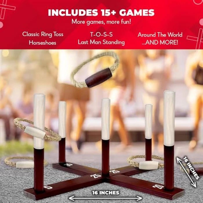 Swooc Games - Premium Rustic Ring Toss Game (All Weather) - Easy Setup & Extra Games Included - Outdoor Ring Toss Game for Adults and Kids - Yard Activity For Adults - Oversized Lawn Activity Rope Set by SWOOC - Image 5