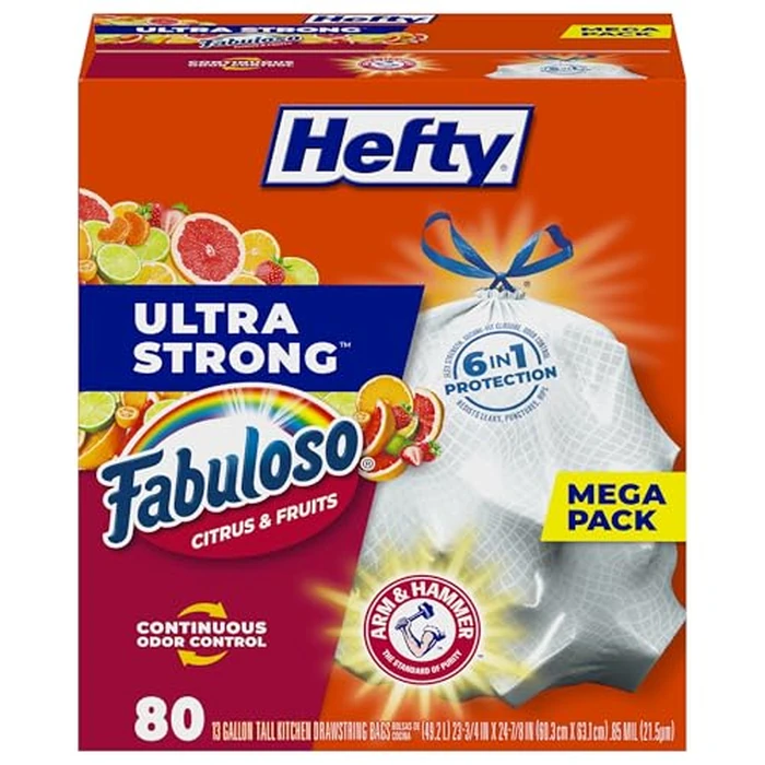 Hefty Ultra Strong 13 Gallon Trash Bags, Tall Kitchen Trash Bags 13 Gallon Size, White, Fabuloso Citrus & Fruits Scent, 80 Bags by Hefty - Used - Very Good condition
