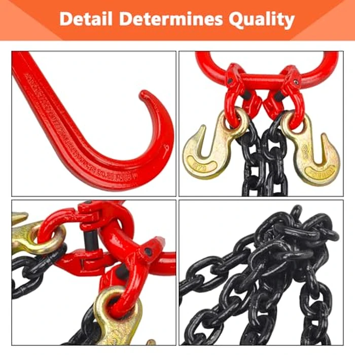 TBAPFS 3/8" Grade 80 V-Type Transport Tow Chain w/15 J-Hooks 2Ft Long Shank Legs for Flatbed Truck Tie Trailer Tractor Car Wrecker Tow Chain,7100Lbs Work Load Limit,G80 Steel Towing Bridle,Black+Red by TBAPFS - Image 2