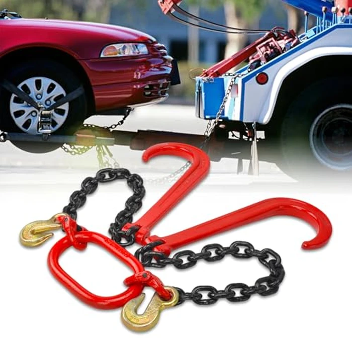 TBAPFS 3/8" Grade 80 V-Type Transport Tow Chain w/15 J-Hooks 2Ft Long Shank Legs for Flatbed Truck Tie Trailer Tractor Car Wrecker Tow Chain,7100Lbs Work Load Limit,G80 Steel Towing Bridle,Black+Red by TBAPFS - Image 3