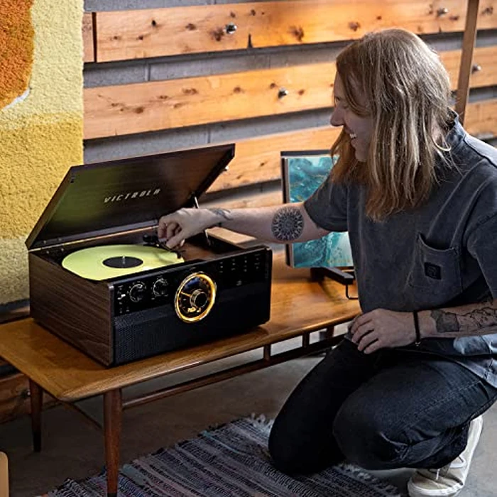 Victrola Metropolitan - 4-in-1 Bluetooth Record Player & Multimedia Center - 3-Speed Belt Driven Turntable with Built-in Speakers, AM/FM Radio, Wireless Music Streaming, Aux and RCA Outputs (Espresso) by Victrola - Image 3