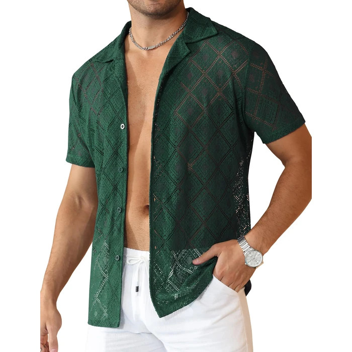 Csqopt 70s Shirts for Men Disco Outfit Short Sleeve Sheer Mesh Tops See Through Tee Mens Lace Hawaiian Vacation Shirt Deep Green S by Csqopt - Used - Like New condition - US$24.31