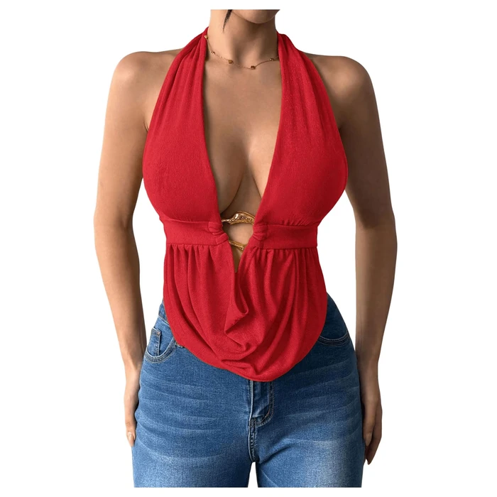 SOLY HUX Women's Sexy Halter Going Out Top Open Back Deep V Neck Sleeveless Vest Tank Tops Party Clubwear Pure Red Medium by SOLY HUX - Used - Like New condition
