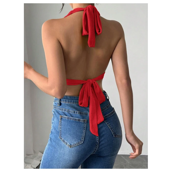 SOLY HUX Women's Sexy Halter Going Out Top Open Back Deep V Neck Sleeveless Vest Tank Tops Party Clubwear Pure Red Medium by SOLY HUX - Image 2