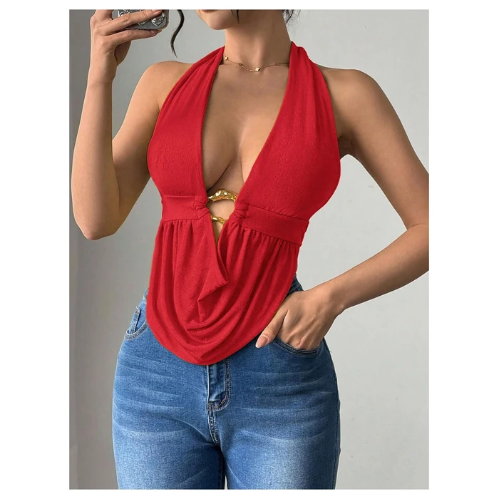 SOLY HUX Women's Sexy Halter Going Out Top Open Back Deep V Neck Sleeveless Vest Tank Tops Party Clubwear Pure Red Medium by SOLY HUX - Image 3