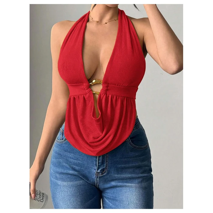 SOLY HUX Women's Sexy Halter Going Out Top Open Back Deep V Neck Sleeveless Vest Tank Tops Party Clubwear Pure Red Medium by SOLY HUX - Image 4