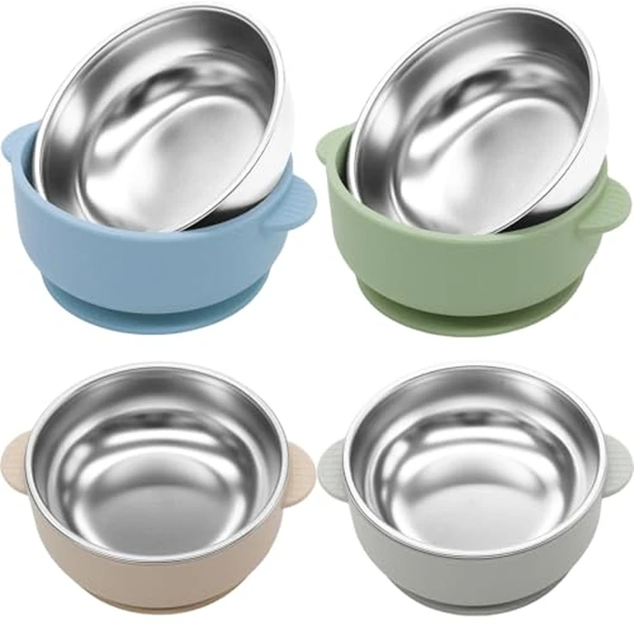 JVEOO 4 Pack Stainless Steel Baby Bowls with Suction, 2-in-1 SUS304 Toddlers Bowl & Removable Silicone Suction Kids Bowl Anti Scald Non Toxic Snack Container for Baby Food Feeding by JVEOO - Used - Acceptable condition