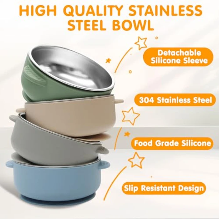 JVEOO 4 Pack Stainless Steel Baby Bowls with Suction, 2-in-1 SUS304 Toddlers Bowl & Removable Silicone Suction Kids Bowl Anti Scald Non Toxic Snack Container for Baby Food Feeding by JVEOO - Image 2