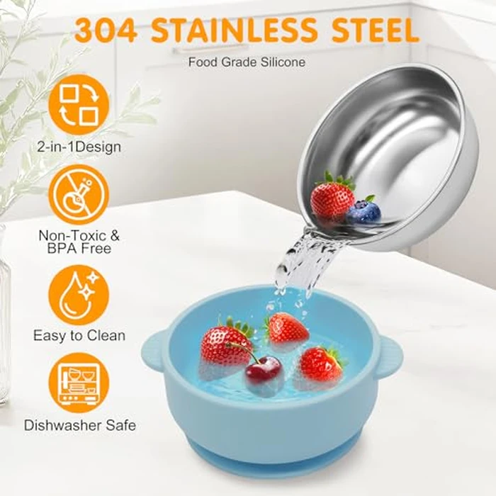 JVEOO 4 Pack Stainless Steel Baby Bowls with Suction, 2-in-1 SUS304 Toddlers Bowl & Removable Silicone Suction Kids Bowl Anti Scald Non Toxic Snack Container for Baby Food Feeding by JVEOO - Image 3