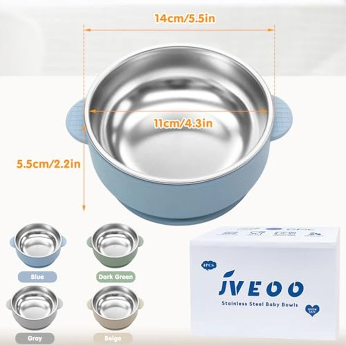 JVEOO 4 Pack Stainless Steel Baby Bowls with Suction, 2-in-1 SUS304 Toddlers Bowl & Removable Silicone Suction Kids Bowl Anti Scald Non Toxic Snack Container for Baby Food Feeding by JVEOO - Image 6