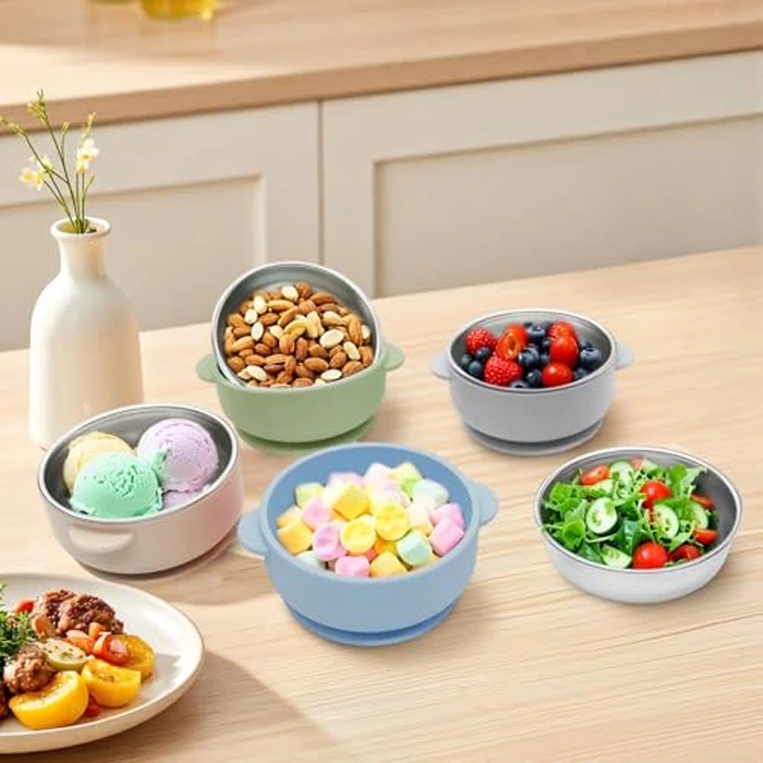 JVEOO 4 Pack Stainless Steel Baby Bowls with Suction, 2-in-1 SUS304 Toddlers Bowl & Removable Silicone Suction Kids Bowl Anti Scald Non Toxic Snack Container for Baby Food Feeding by JVEOO - Image 7