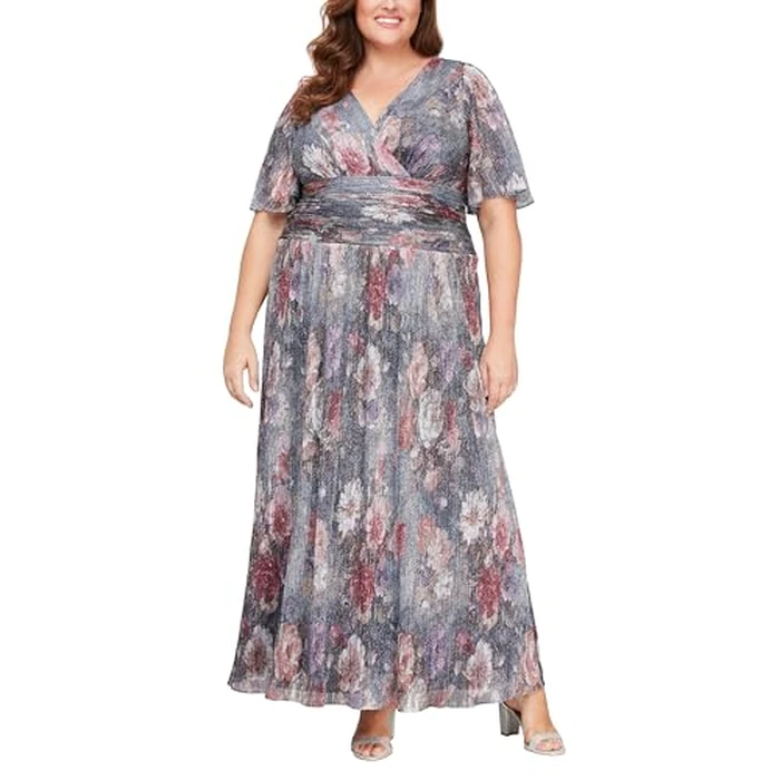 S.L. Fashions Women's Long A-Line Mother of The Bride Dress with Ruched Waist (Plus Size), Blue Pink Floral, 16W by S.L. Fashions - Used - Like New condition