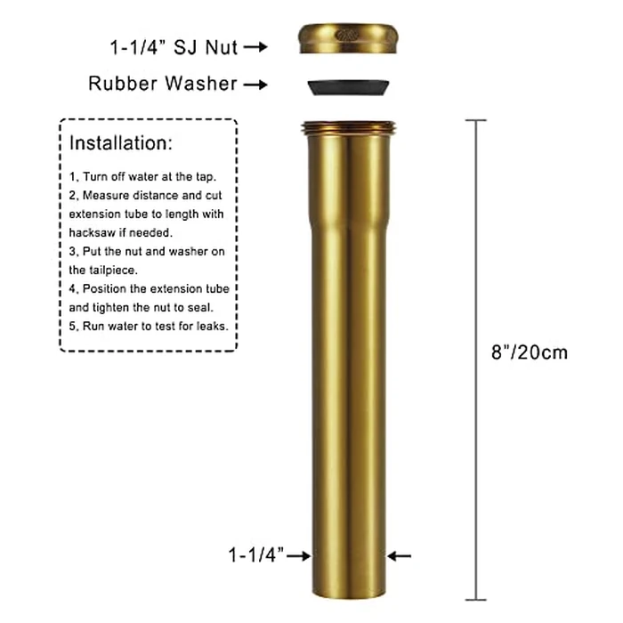 18 Gauge Brass Slip Joint Extension Tube 1-1/4” OD x 8” with Nut and Rubber Washer, P Trap Extension Tube, Sink Drain Tailpiece Tube Extension Heavy Duty, Brushed Brass Gold by Fipoque - Image 6