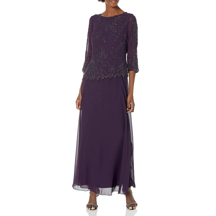 J Kara Women's Plus Size Sheer Sleeve Floral Beaded Long Dress, Plum/Wine/Shaded, 14W by J Kara - Image 1