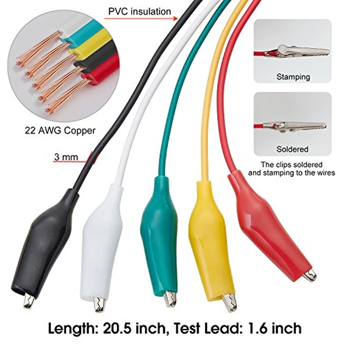 WGGE WG-026 10 Pieces and 5 Colors Test Lead Set & Alligator Clips,20.5 inches / 22 AWG Copper Wire. The Clips soldered and Stamped to The Wires. (1 Pack) by WGGE - Image 4