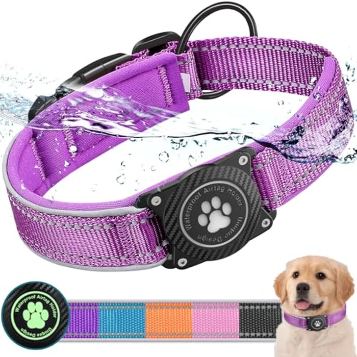 OKVSKO Airtag Dog Collar with Waterproof Air Tag Holder, Luminous Reflective, Soft Padded, Adjustable Nylon Pet Collar for Dogs,Purple, M by OKVSKO - Used - Like New condition