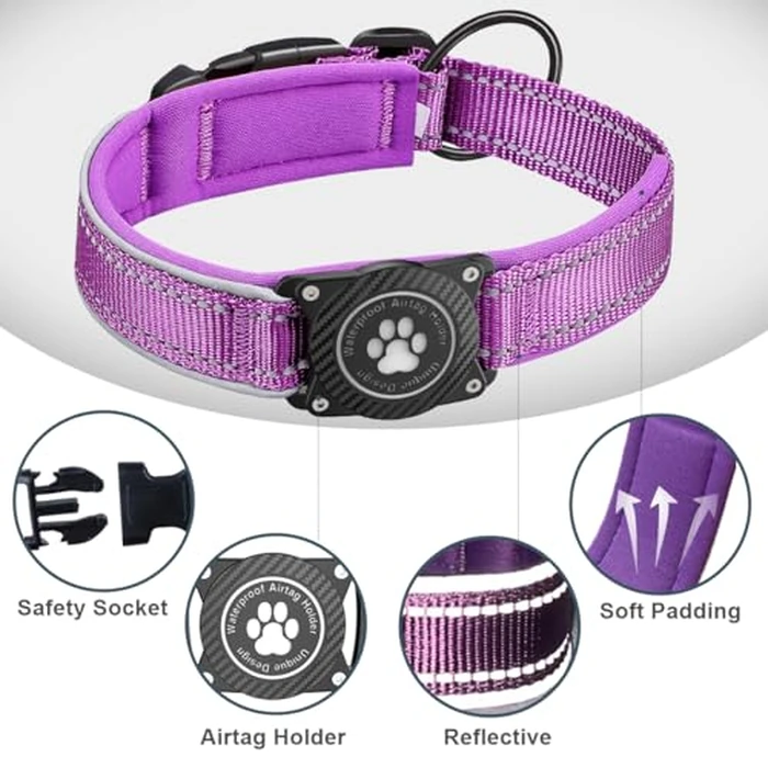 OKVSKO Airtag Dog Collar with Waterproof Air Tag Holder, Luminous Reflective, Soft Padded, Adjustable Nylon Pet Collar for Dogs,Purple, M by OKVSKO - Image 4