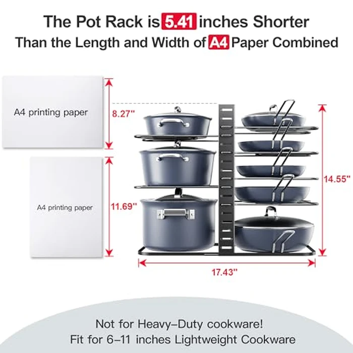ORDORA Pots and Pans Organizer under Cabinet 14.55 Height, Adjustable 8-Tier Pot Organizers inside Cabinet, Kitchen Organizers and Storage Fit 6-11 inch Lightweight Cookware by ORDORA - Image 2
