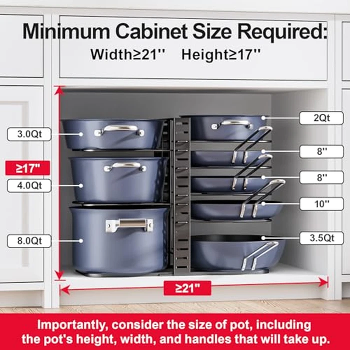 ORDORA Pots and Pans Organizer under Cabinet 14.55 Height, Adjustable 8-Tier Pot Organizers inside Cabinet, Kitchen Organizers and Storage Fit 6-11 inch Lightweight Cookware by ORDORA - Image 3