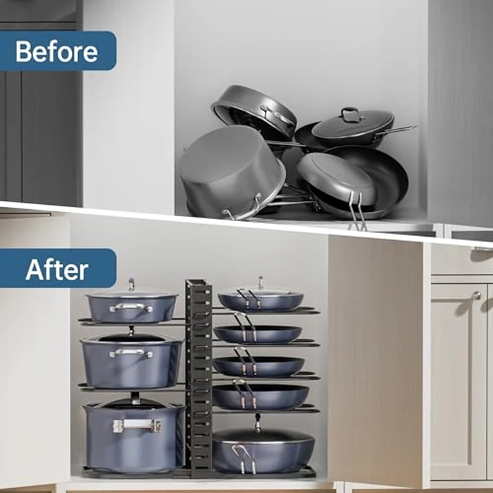 ORDORA Pots and Pans Organizer under Cabinet 14.55 Height, Adjustable 8-Tier Pot Organizers inside Cabinet, Kitchen Organizers and Storage Fit 6-11 inch Lightweight Cookware by ORDORA - Image 7