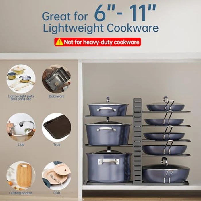 ORDORA Pots and Pans Organizer under Cabinet 14.55 Height, Adjustable 8-Tier Pot Organizers inside Cabinet, Kitchen Organizers and Storage Fit 6-11 inch Lightweight Cookware by ORDORA - Image 8