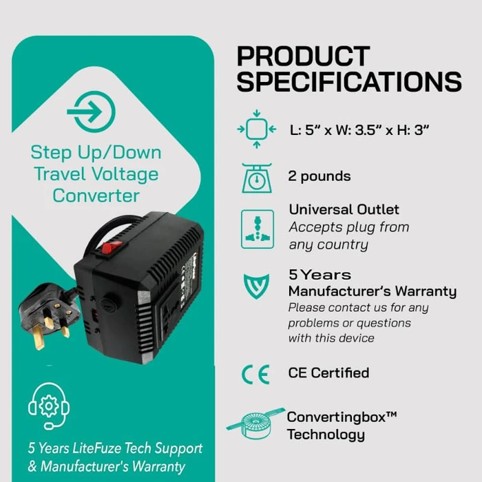 LiteFuze 300 Watt Step Up/Step Down Travel Voltage Converter, 220/110v to 110/220v converter with Type B Plug - Compatible with Hair Straightener, Camera, Laptop & More by LiteFuze - Image 5