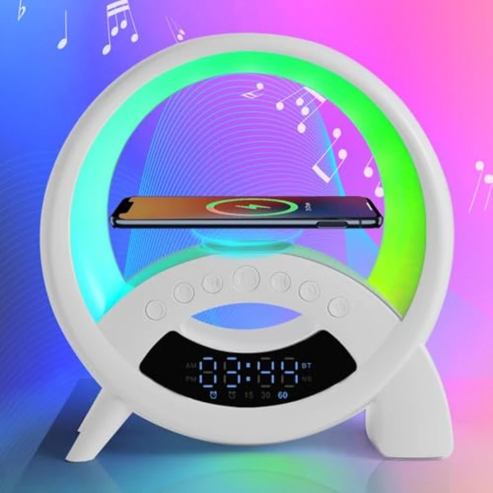 5-in-1 Atmosphere LED Lamp Inteligent Night Light 15W Wireless Charger, Bluetooth Speaker, Alarm Clock Portable Speaker Neonlight Built-in Battery Ideal Birthday Gift, Bedroom Decor (Q Shape) by kzalzaci - Used - Like New condition