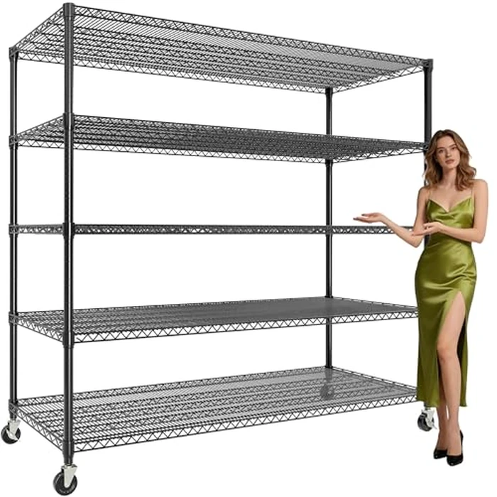 Garvee Metal Shelving Units 5-Tier with Wheels, Garage Storage Shelves Heavy Duty 3300LBS Capacity, 82" H x 59" W x 23.6" D Adjustable Wire Rack Shelf Standing Shelves for Home Industrial, Black by Garvee - Used - Like New condition - US$119.99