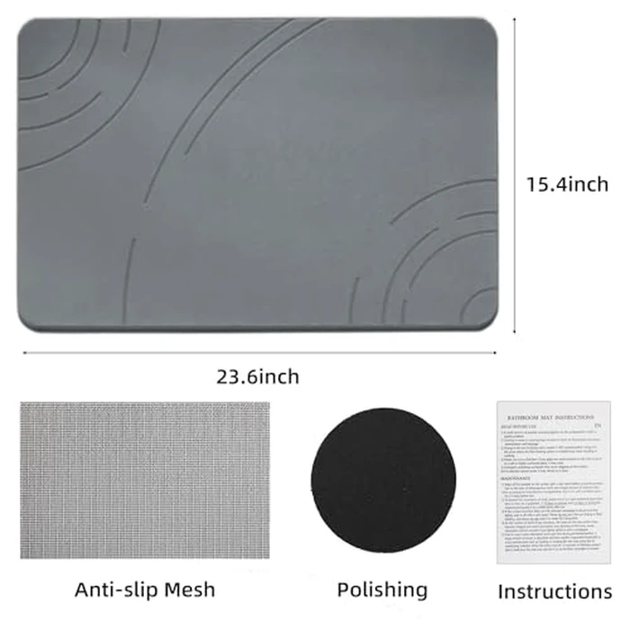 Stone Bath Mat, Diatomaceous Earth Shower Mat,(23.6" x 15.4") Non-Slip Super Absorbent Quick Drying Bathroom Floor Mat, Natural-Elegant & Modern Design, Easy to Clean (C-Dark Gray) by Besloor - Image 5