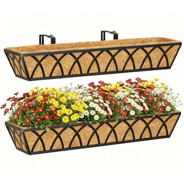 30 Inch Window Deck with Coco Liner, Fence Metal Hanging Flower Planter Window Basket Deck Railing Planter Boxes for Outdoor Garden Lawn，30" Window Boxes Horse Trough with Coconut Coir Liner, 2pcs by Y&M - Used - Very Good condition - CA$89.99
