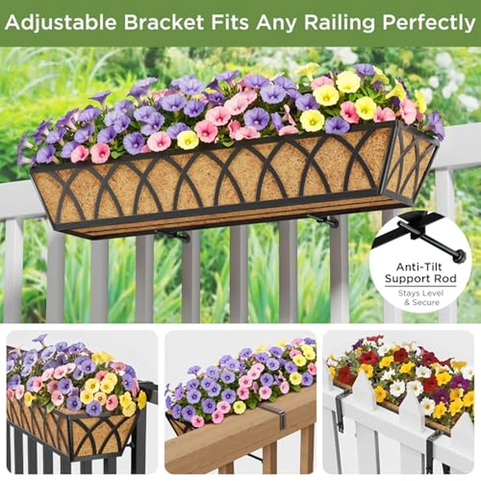 30 Inch Window Deck with Coco Liner, Fence Metal Hanging Flower Planter Window Basket Deck Railing Planter Boxes for Outdoor Garden Lawn，30" Window Boxes Horse Trough with Coconut Coir Liner, 2pcs by Y&M - Image 2