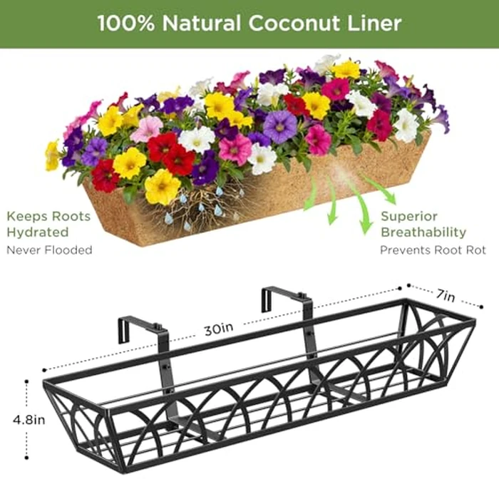 30 Inch Window Deck with Coco Liner, Fence Metal Hanging Flower Planter Window Basket Deck Railing Planter Boxes for Outdoor Garden Lawn，30" Window Boxes Horse Trough with Coconut Coir Liner, 2pcs by Y&M - Image 3