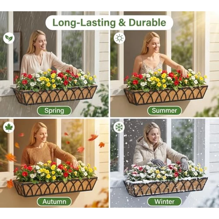 30 Inch Window Deck with Coco Liner, Fence Metal Hanging Flower Planter Window Basket Deck Railing Planter Boxes for Outdoor Garden Lawn，30" Window Boxes Horse Trough with Coconut Coir Liner, 2pcs by Y&M - Image 5