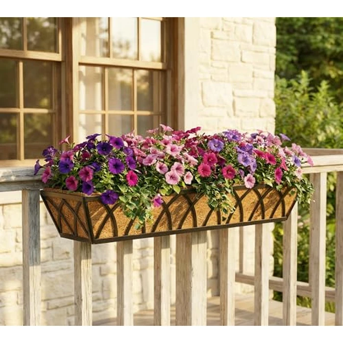 30 Inch Window Deck with Coco Liner, Fence Metal Hanging Flower Planter Window Basket Deck Railing Planter Boxes for Outdoor Garden Lawn，30" Window Boxes Horse Trough with Coconut Coir Liner, 2pcs by Y&M - Image 9